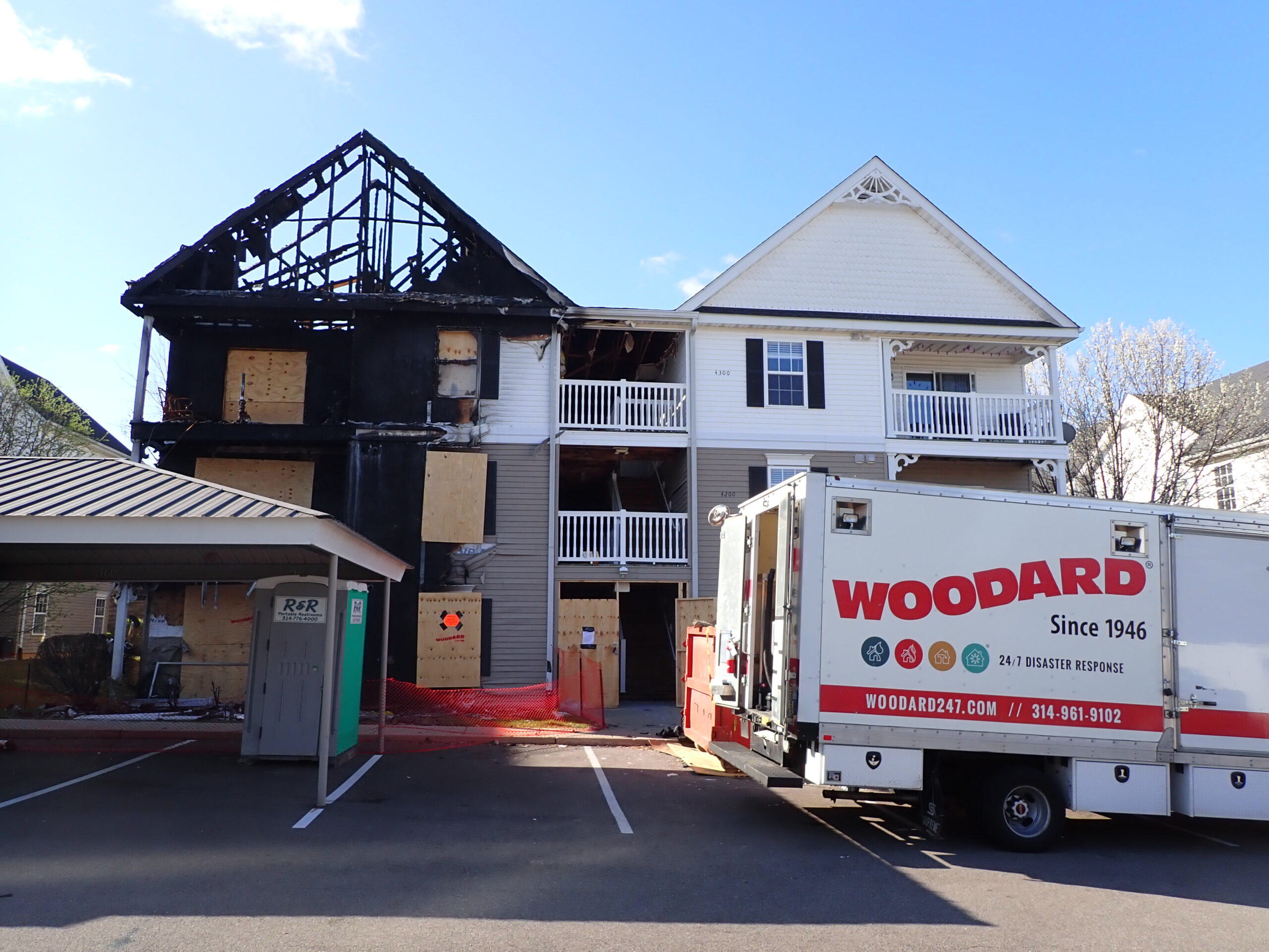 Fire damage shown to exterior front of Condo building.