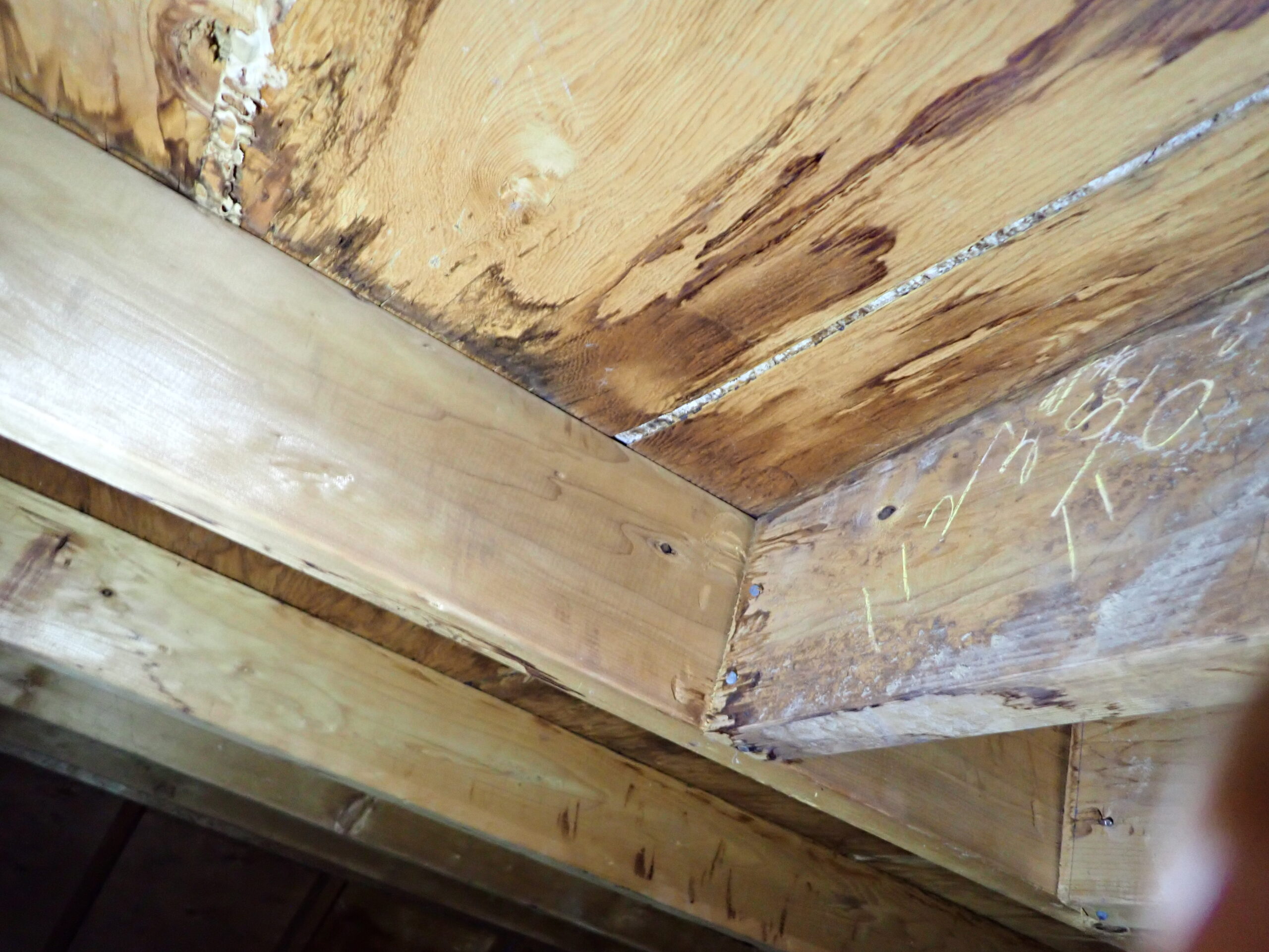 Moisture damage on wood beams of home interior ceiling.