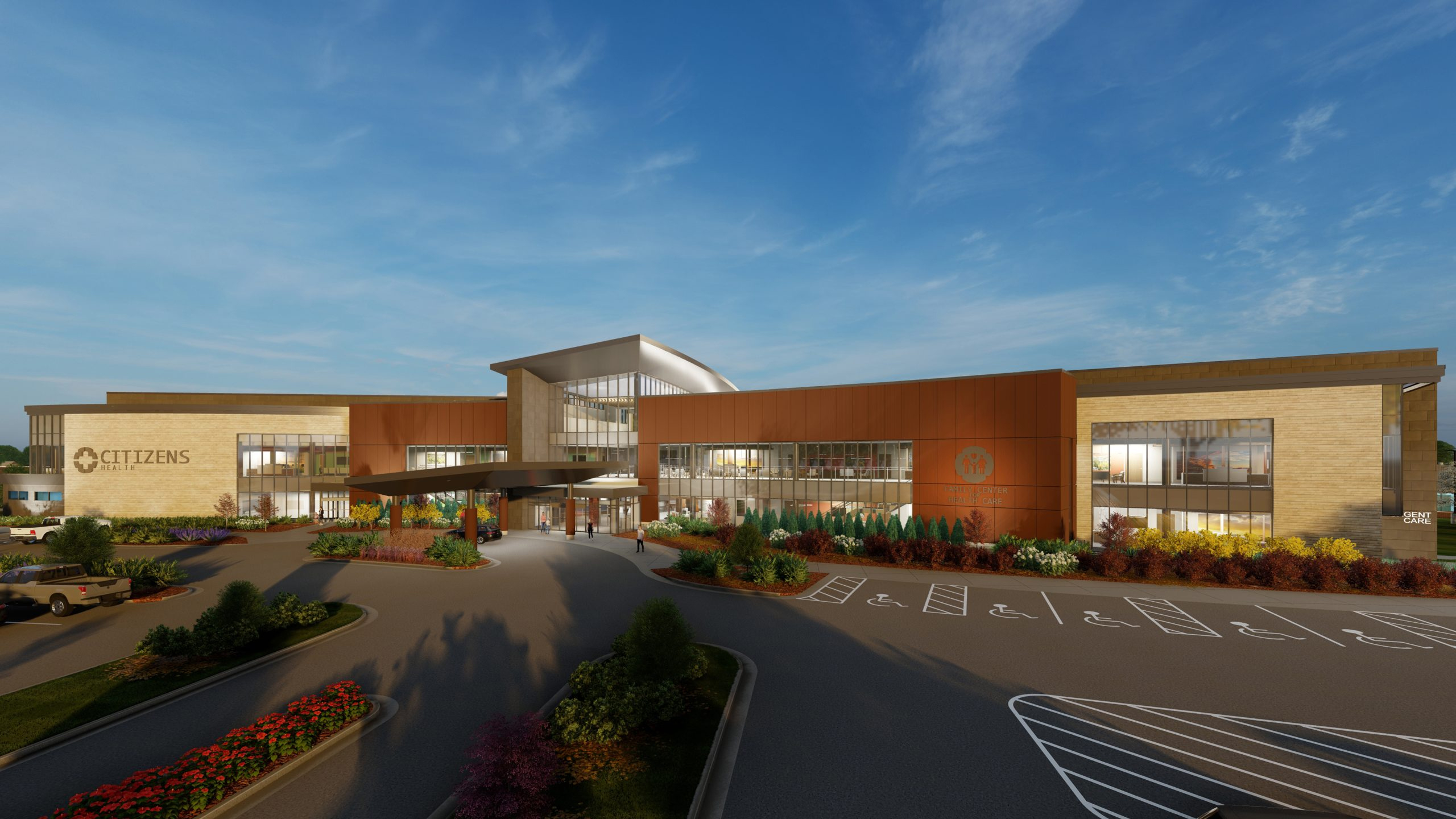 rendering of new brick and glass medical building.