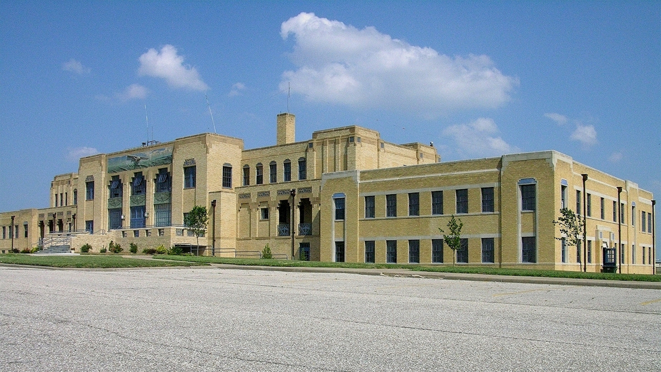 Yellow brick large air force base building headquarters