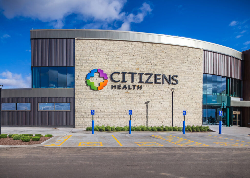 Exterior front of Citizens Health Building with stone facade