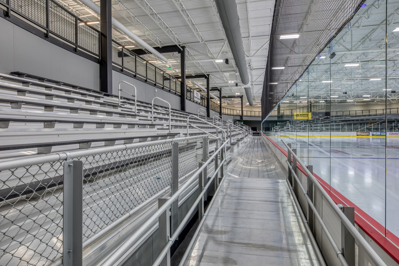 Bleacher seats overlooking the hockey rink at RP Lumber Ice facility in Edwardsville, IL