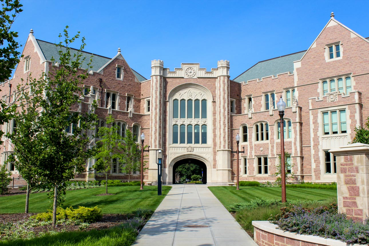 Arched entrance to the school of engineering at Washington University in St. Louis