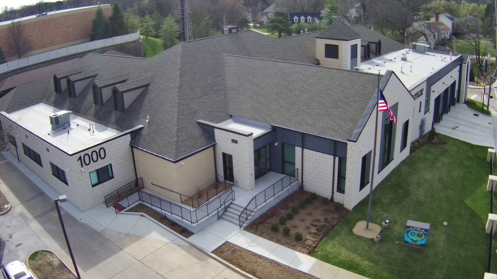 Aerial view of grey slate roof of Des Peres Public Safety Building