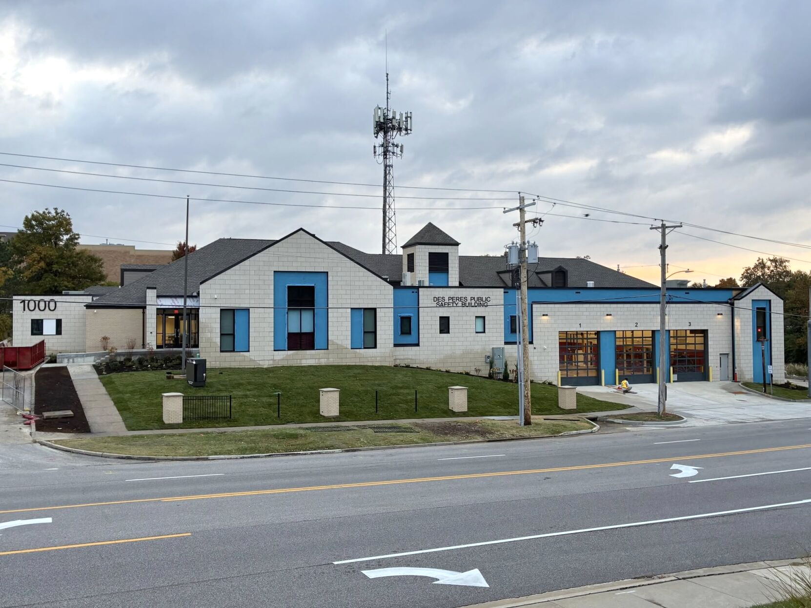 Two story white with blue trim Public Safety Building for the City of Des Peres.