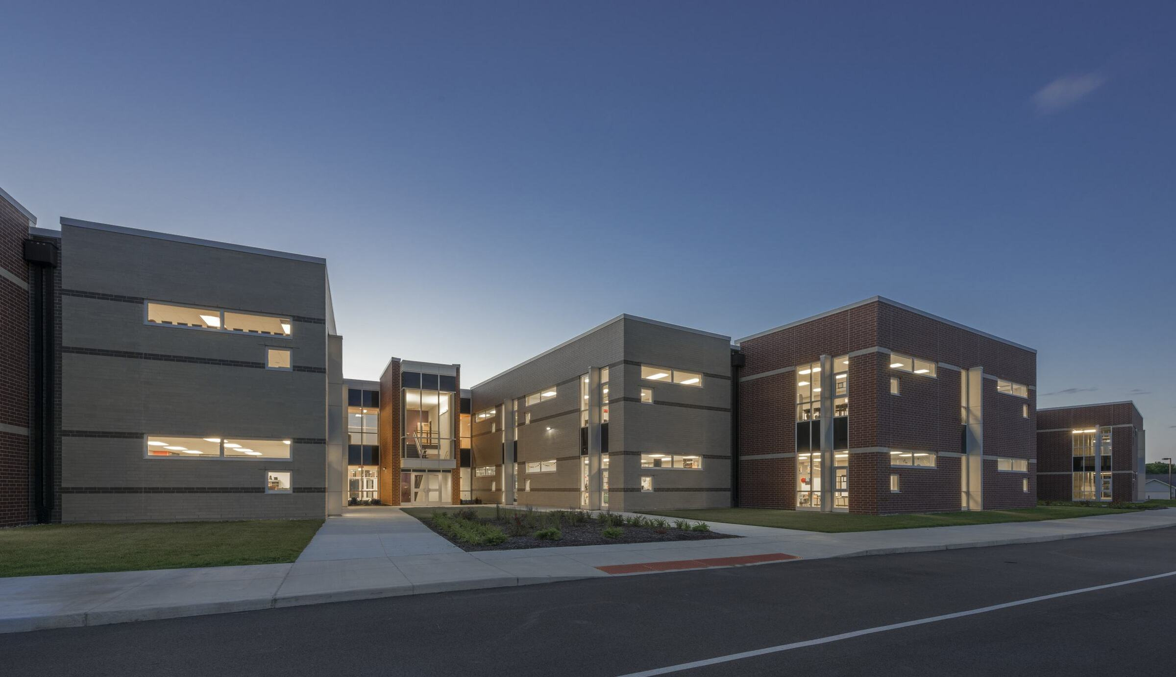 Nightime view of two story elementary school building