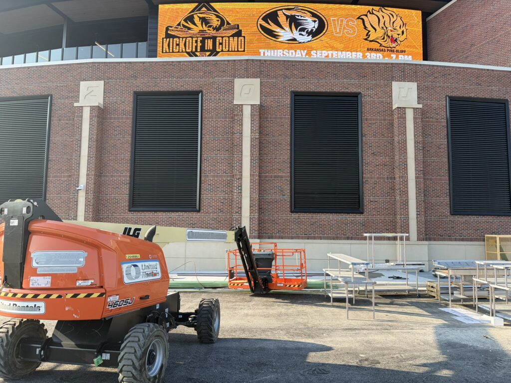 Brick facade of MU Memorial Stadium.