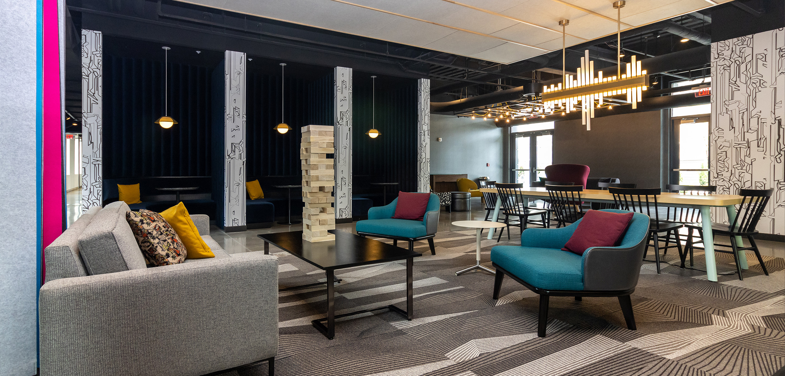 Modern furniture inside lobby of Aloft Hotel in the Cortex District