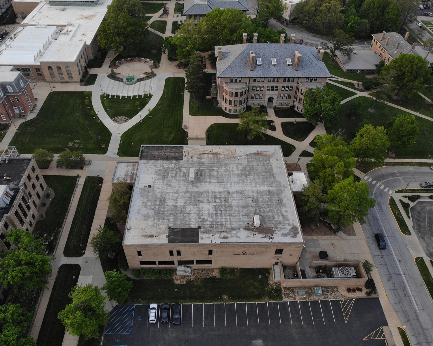 Aerial view of Centennial Hall Roof in Rolla, MO