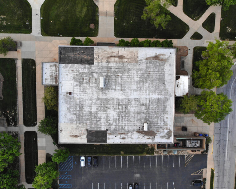 Aerial view of white membrane roof.