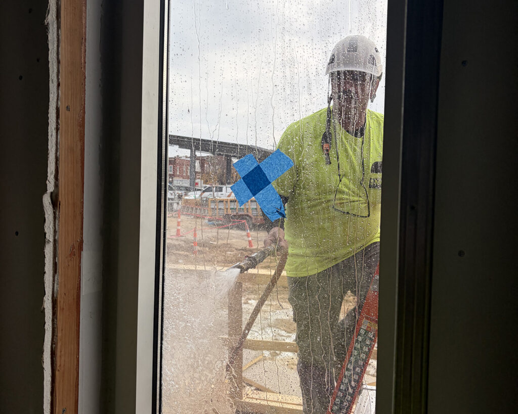 G&W team member performing water testing on windows of the new building