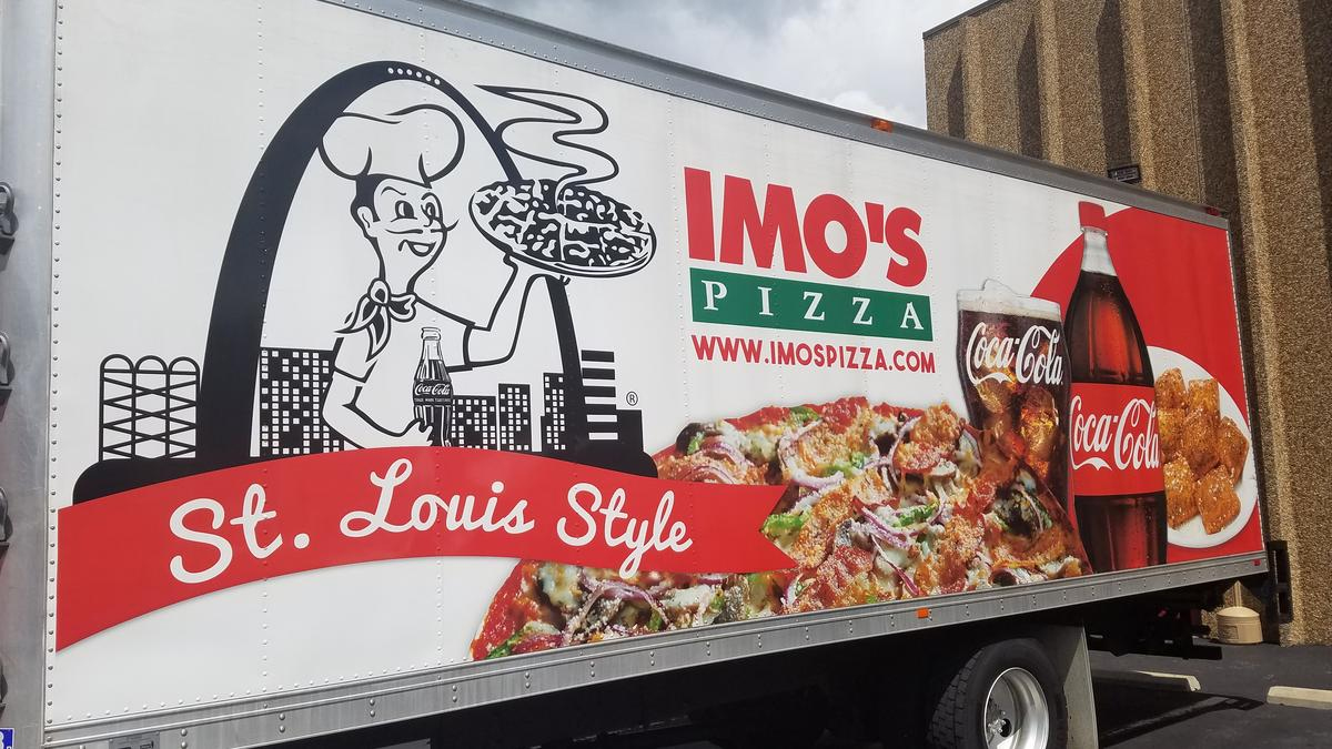 Imo's pizza truck with the St. Louis style logo on the side