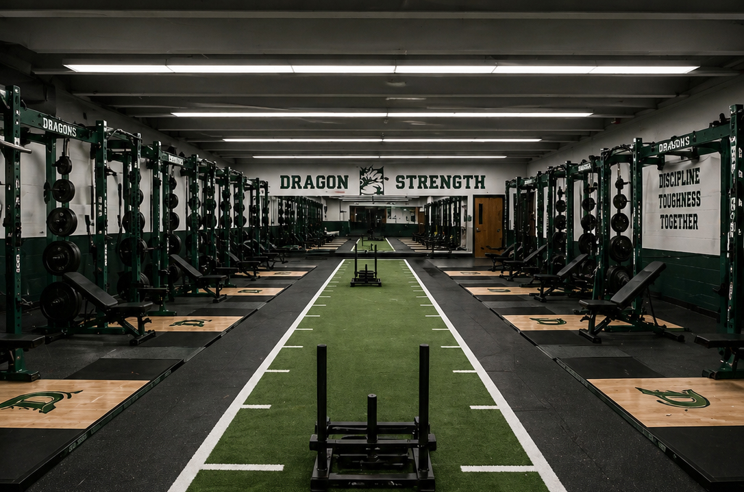 New weight room for the Ste. Genevieve High school with green turf and black ground covering