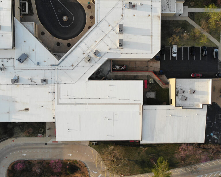 Aerial view of white membrane roof.