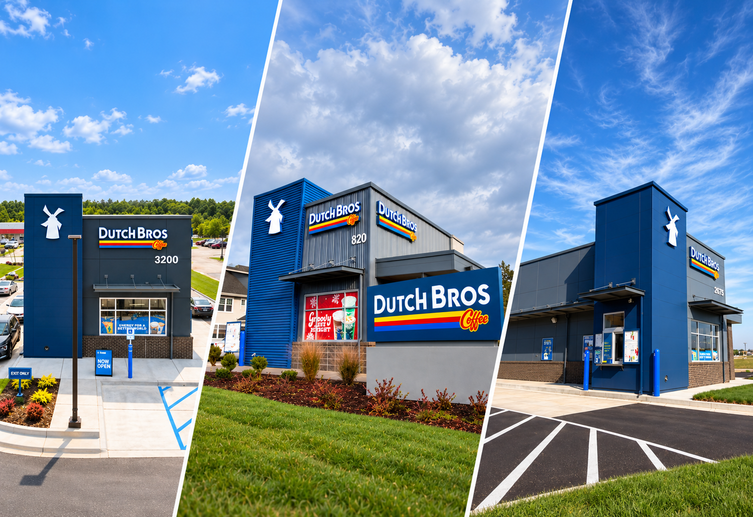 Collage of 3 Dutch Bros Coffee Stores