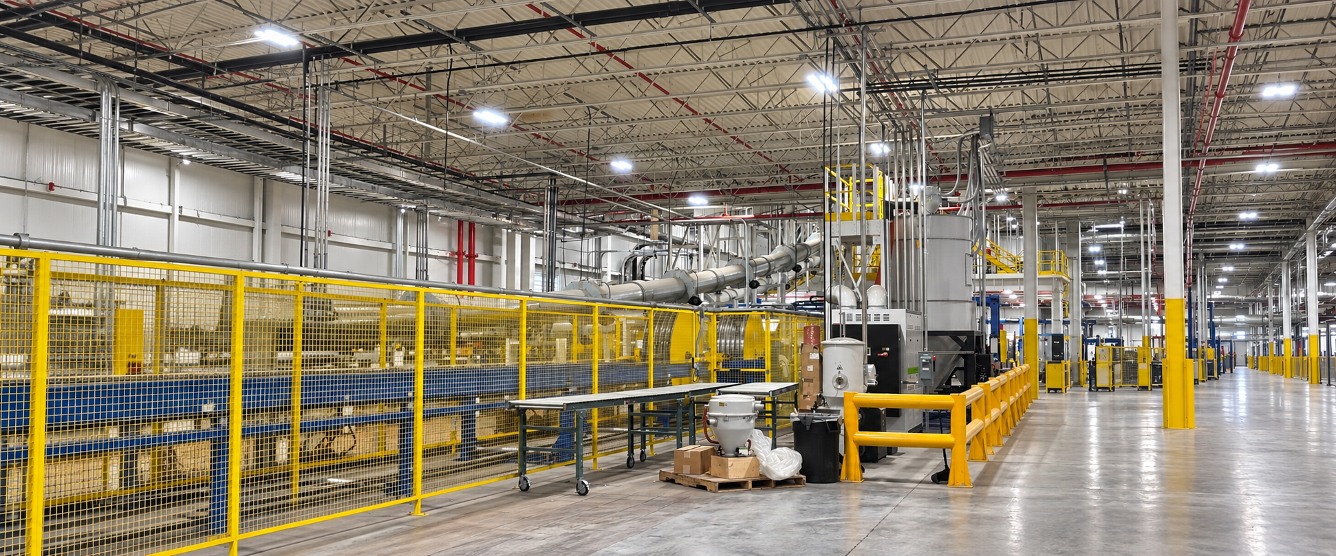 Production floor at the Prysmian plant in Du Quoin, Illinois, with process equipment, overhead ductwork, and LED high-bay lighting.