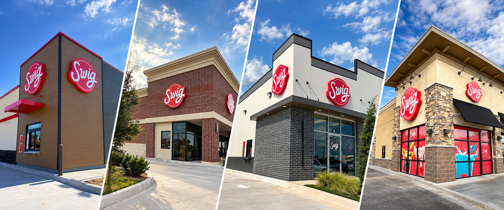 Collage of four Swig drive-thru storefronts, from a ground-up standalone store to brick and stone end cap exteriors.