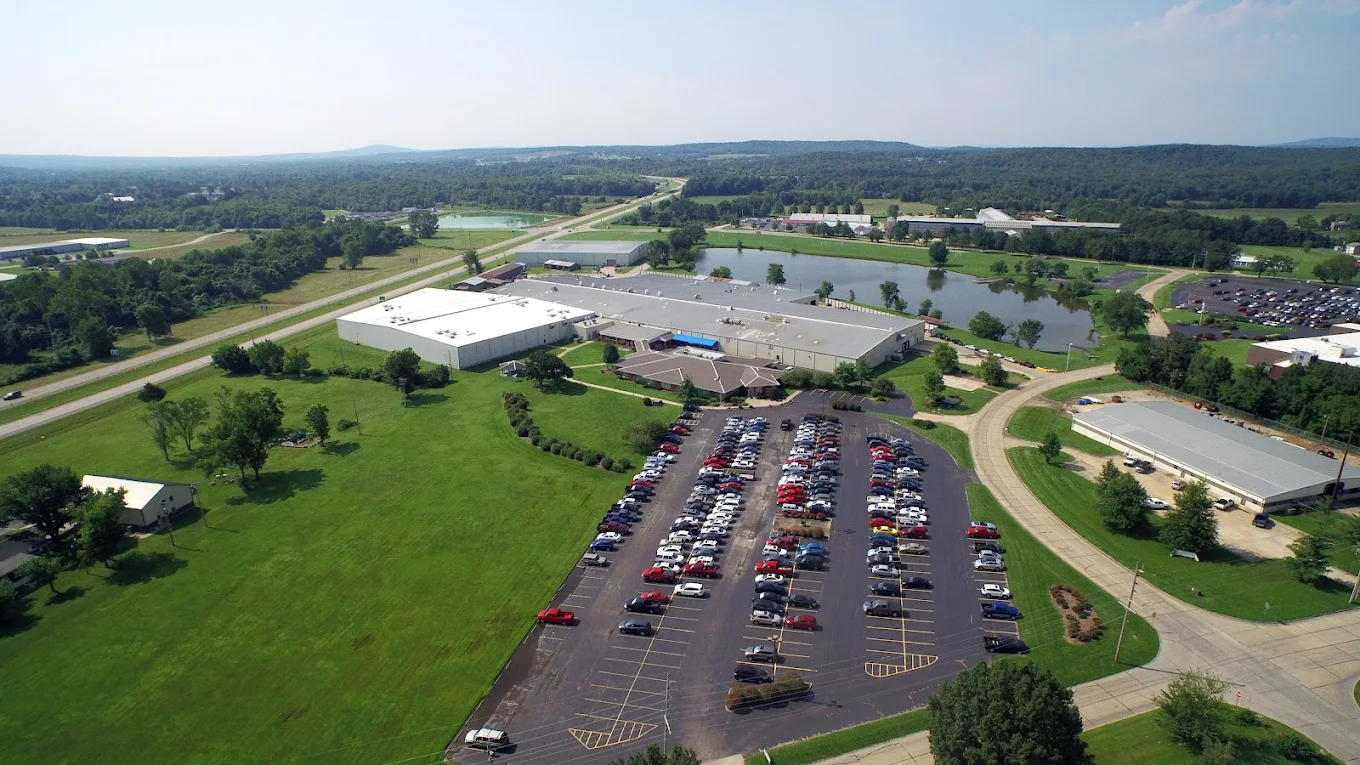 View from the air of the US Tool Manufacturing plant building and parking lot.