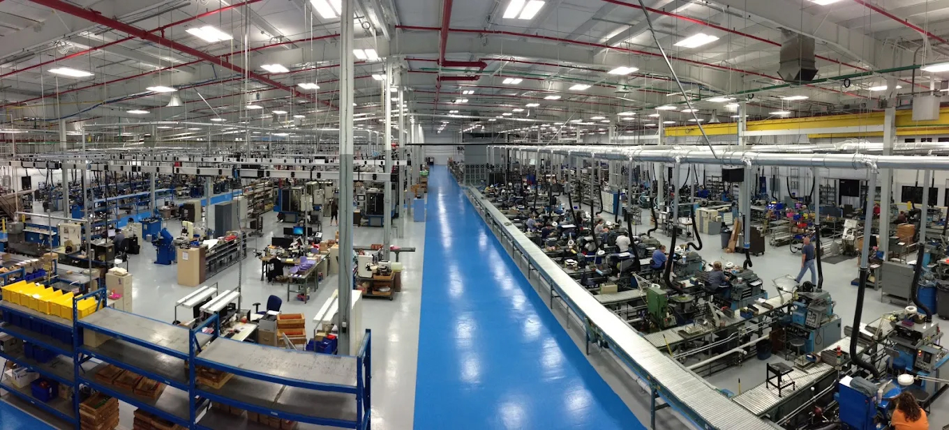 Birds eye view of manufacturing plant floor.