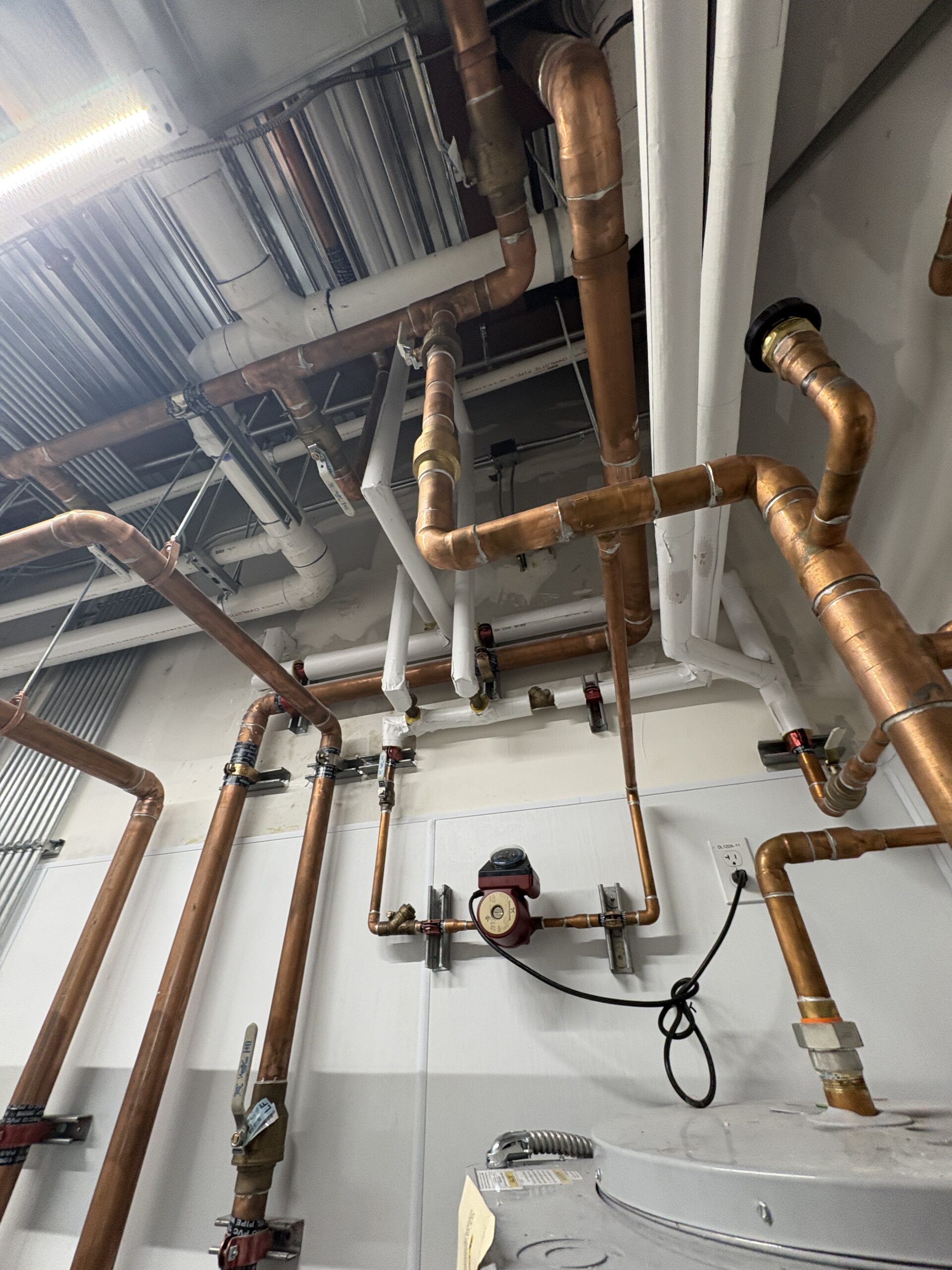 Copper domestic water piping, a circulator pump, and insulated lines routed above a water heater in the Zelis facility mechanical room.