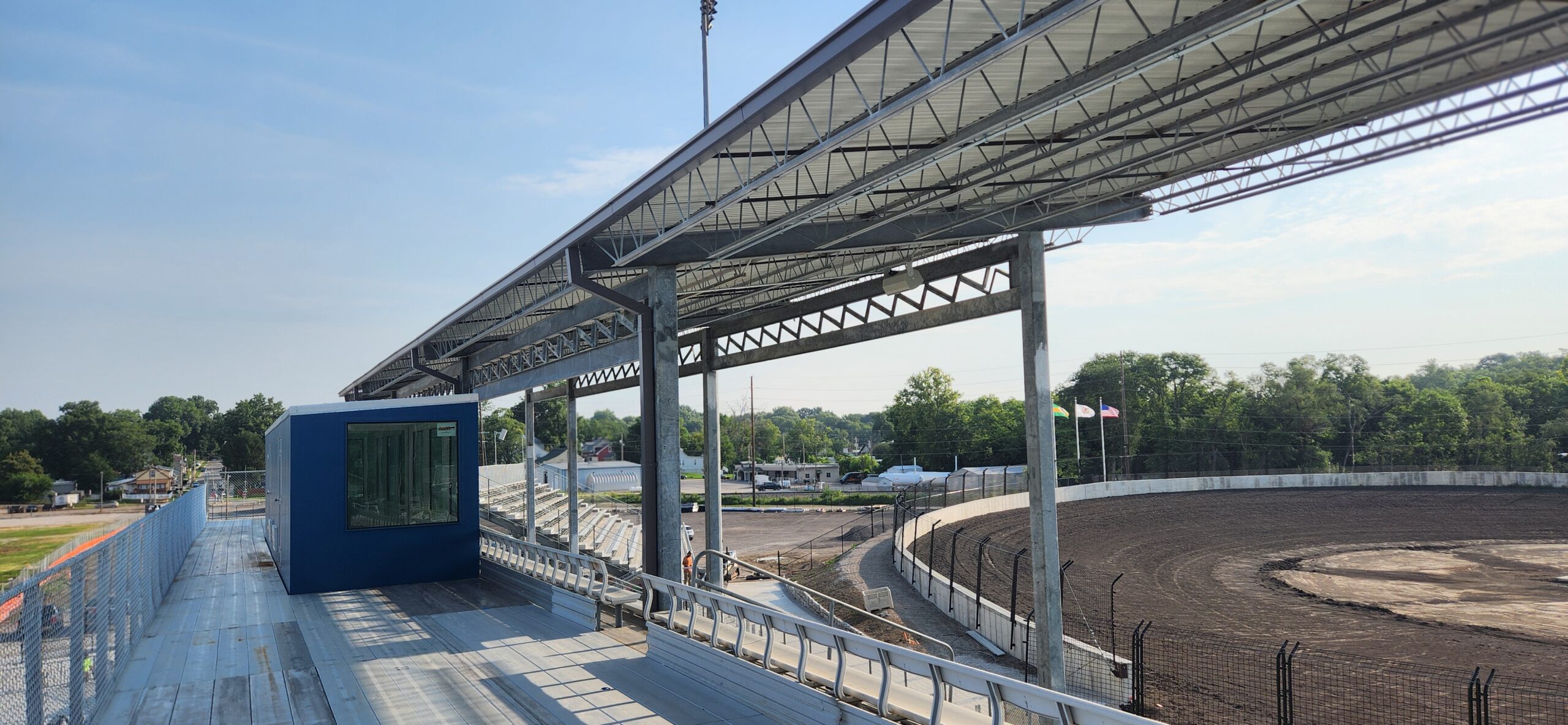 New covered grandstand and control booth overlooking the dirt track at Belle-Clair Speedway in Belleville