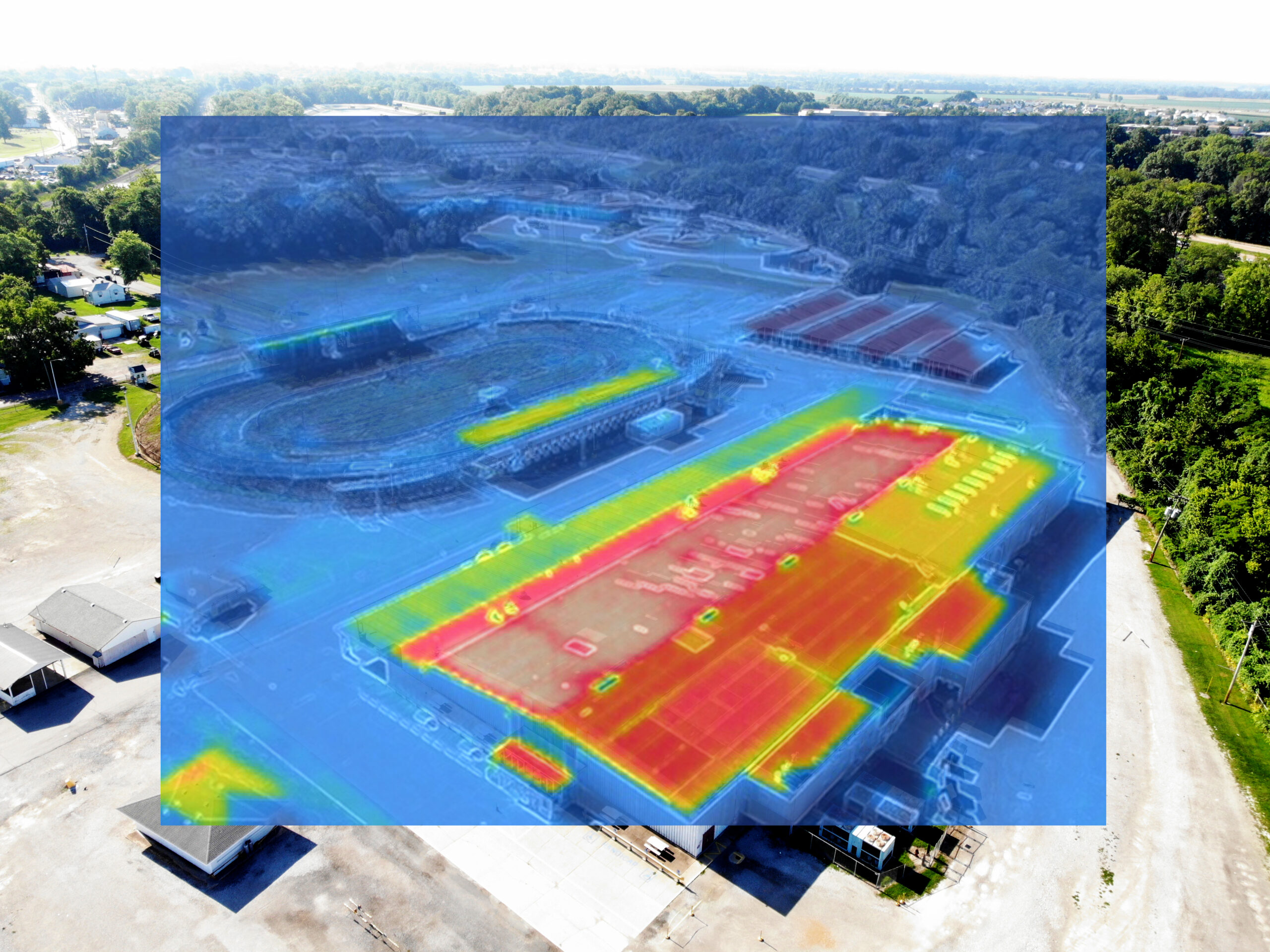 Drone thermal image of the Expo Center roof at Belle-Clair Fairgrounds from the 2023 facility condition assessment