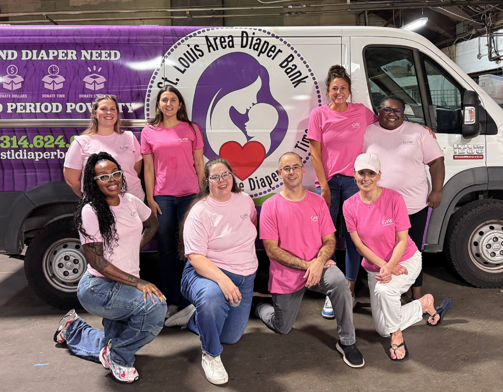 G&W team members standing in front of the St. Louis Area Diaper Bank Van after volunteering for the afternoon.