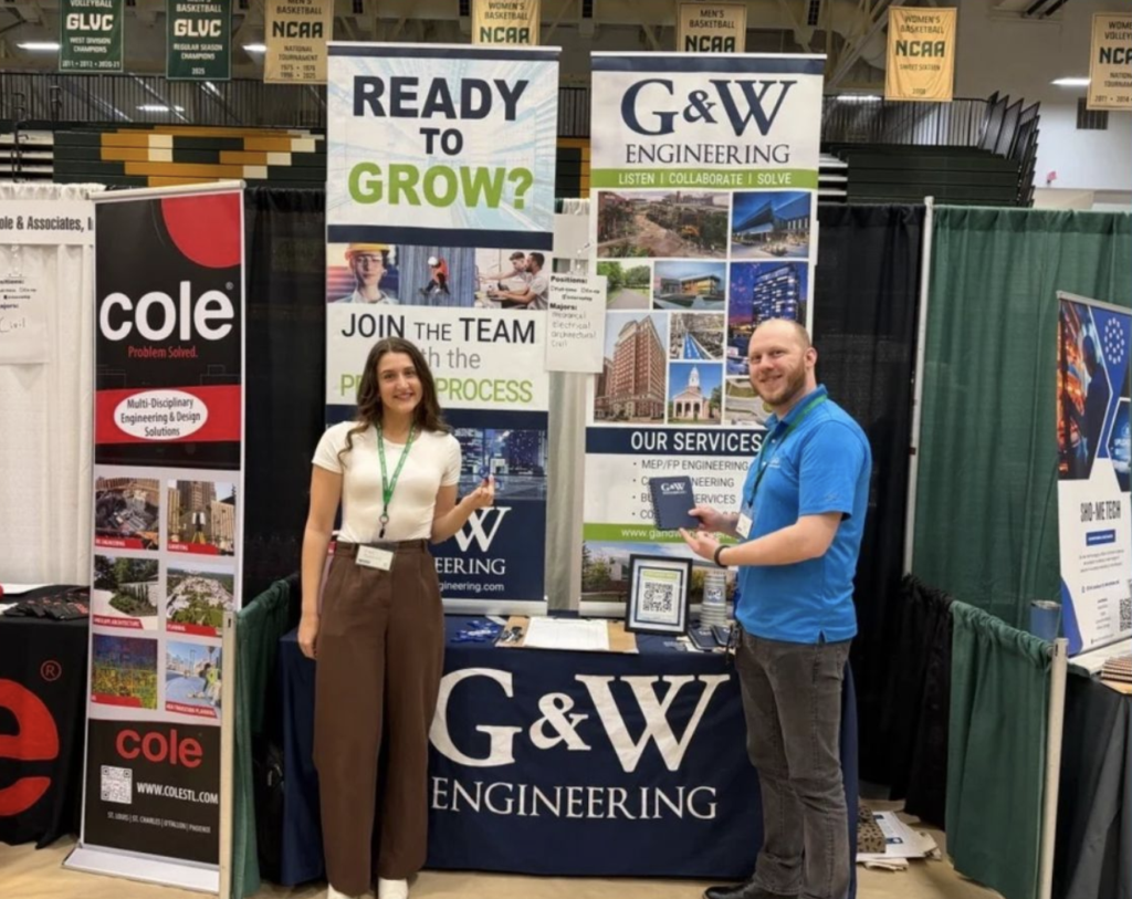 G&W team members Grace and Brian standing in front of the G&W Booth at the Missouri S&T College Career Fair - October 2026.